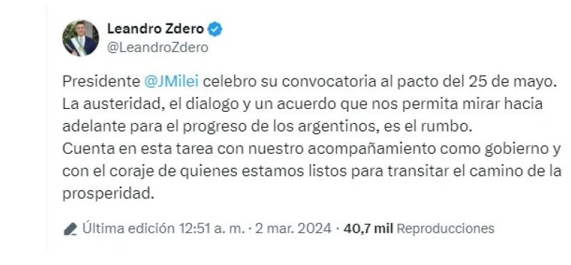 Leandro Zdero acompaña la convocatoria al pacto del 25 de Mayo de Milei: «Es el rumbo»